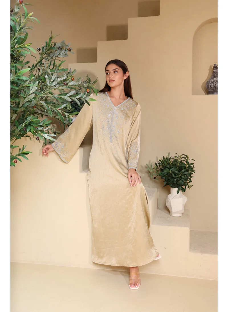 IKKXA Elegant Embroidery Crystals Beaded Jalabiya IK6035 Brown